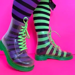 Clear Waterproof Combat Boot with neon green soles